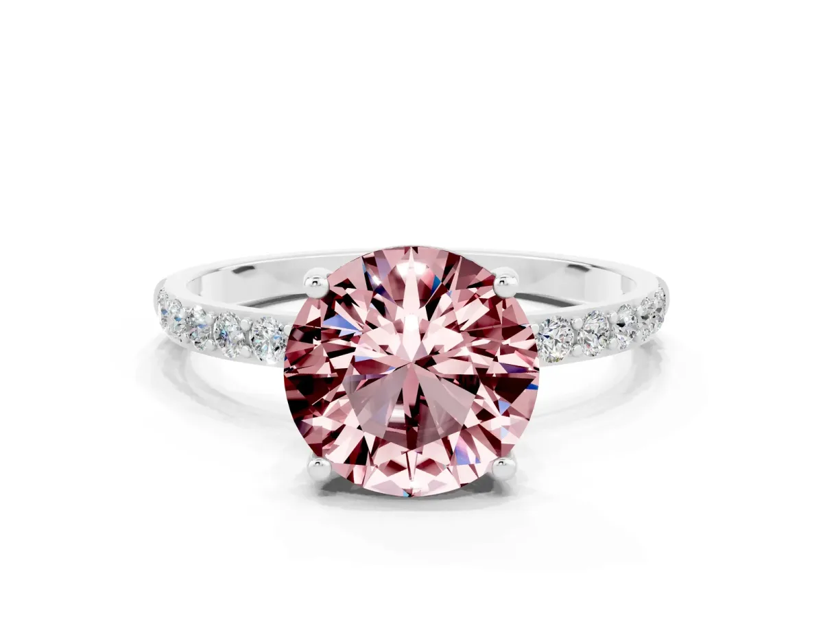 Round Cut Morganite Solitaire Ring with Round Pavé Band and Prong Setting White gold