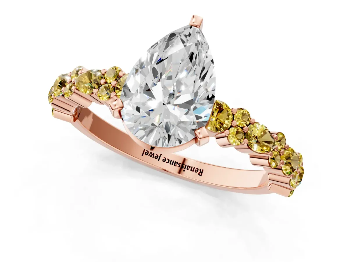 Pear Cut Diamond Side Stone Solitaire Ring with Round Yellow Sapphire and Four-Prong Setting Rose gold
