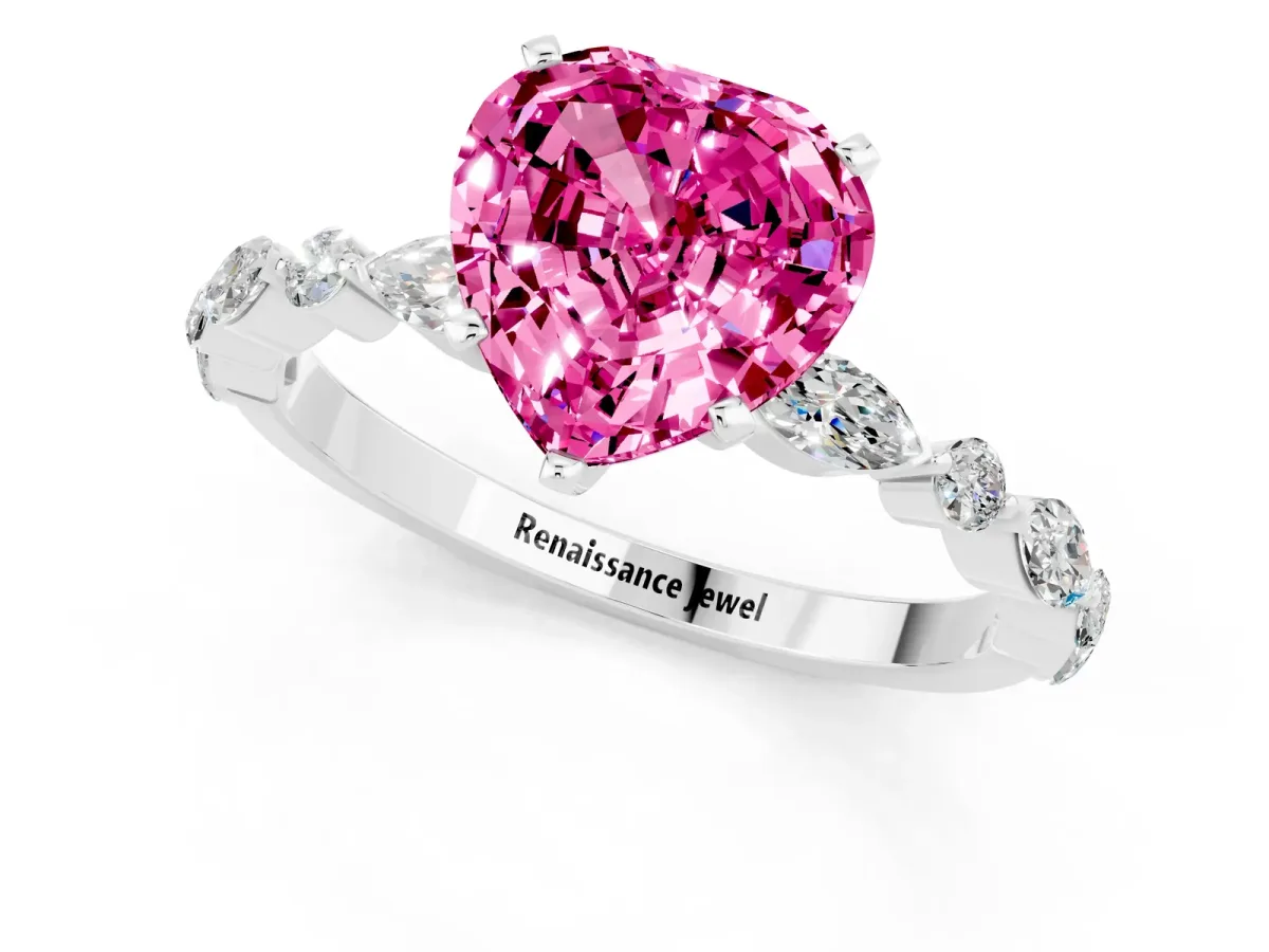 Heart Cut Pink Sapphire Ring with Marquise and Round Side Stones and Four-Prong Setting Silver