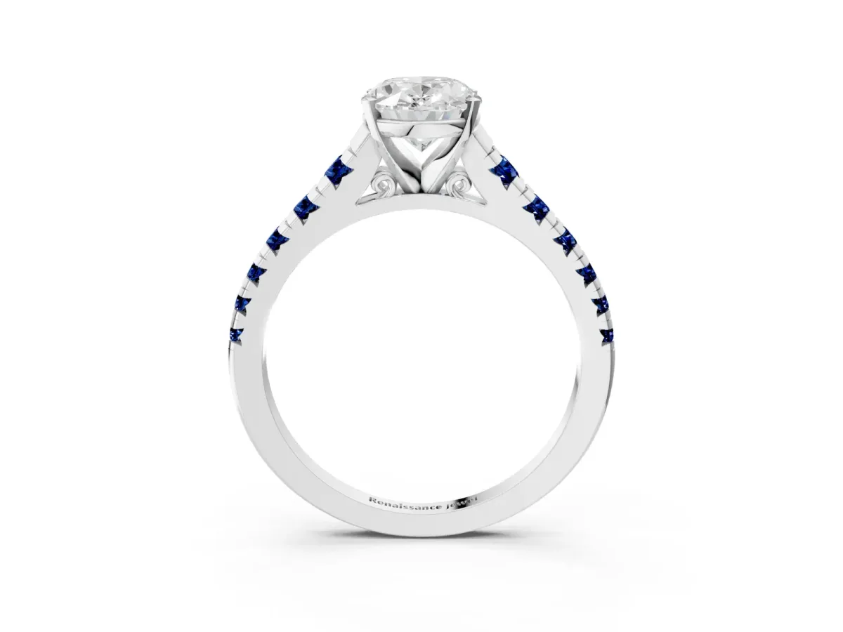 Oval Cut Diamond Cathedral Solitaire Ring with Round Blue Sapphire Pavé Band Silver