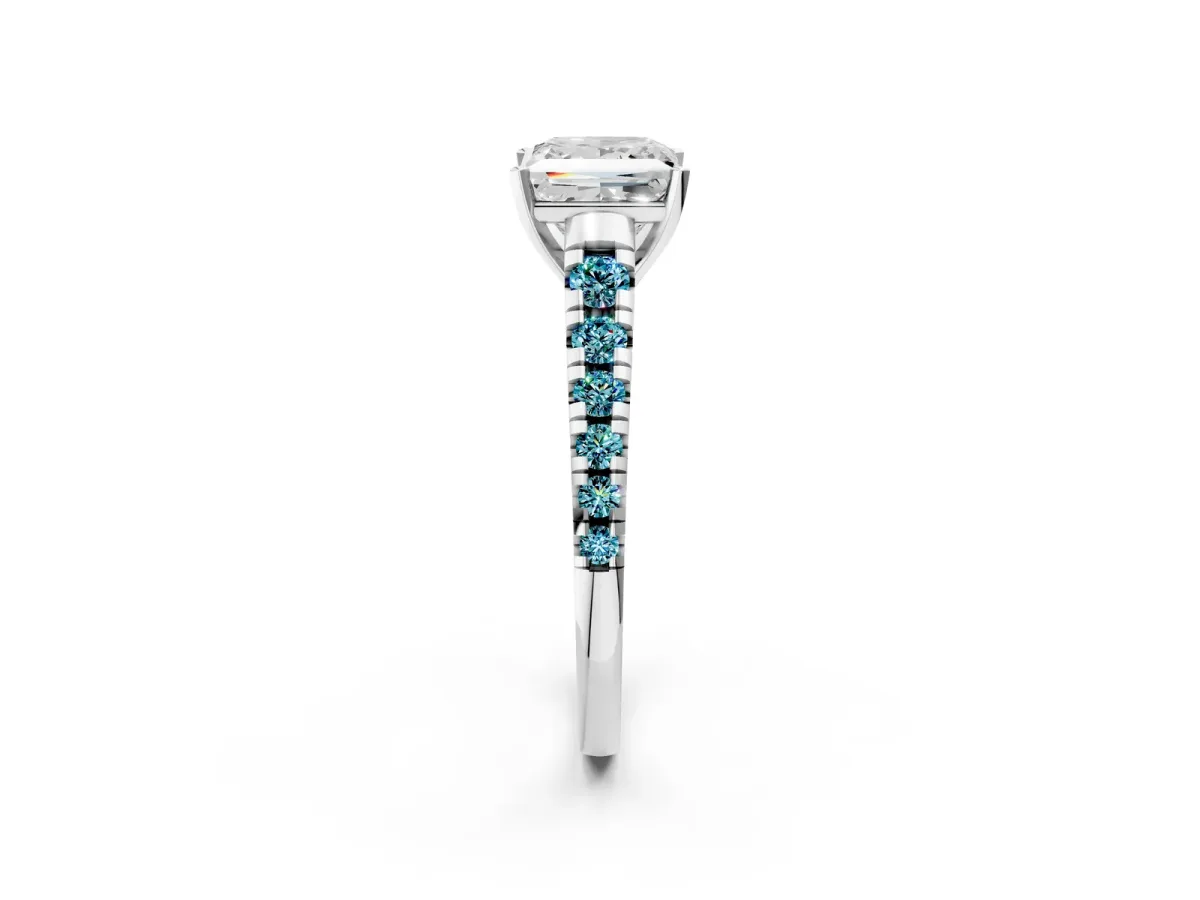 Princess Cut Diamond Cathedral Solitaire Ring with Round Blue Topaz Pavé Band Silver