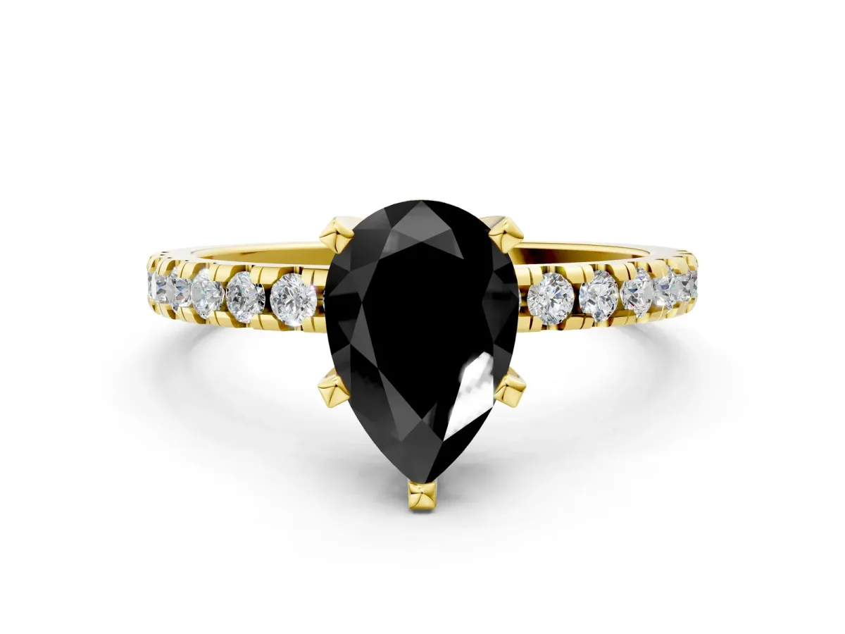 Fancy Black Pear Cut Diamond Solitaire Ring with Round Pavé Band and Four-Prong Setting Yellow gold