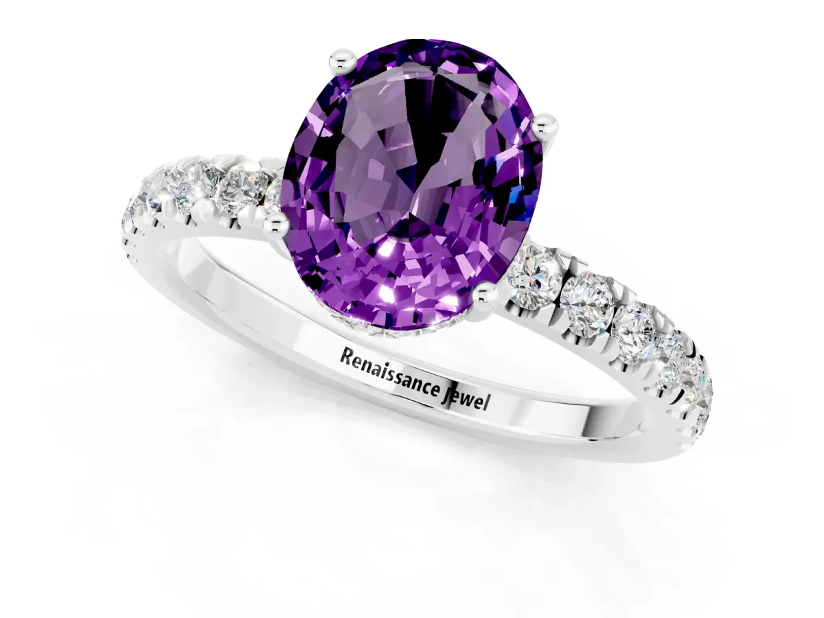 Oval Cut Amethyst Pave Band Solitaire Ring with Round and Prong Setting Platinum