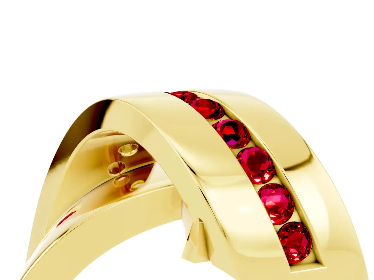 Pavé Round Ruby Crossover Band with Channel Setting Yellow gold