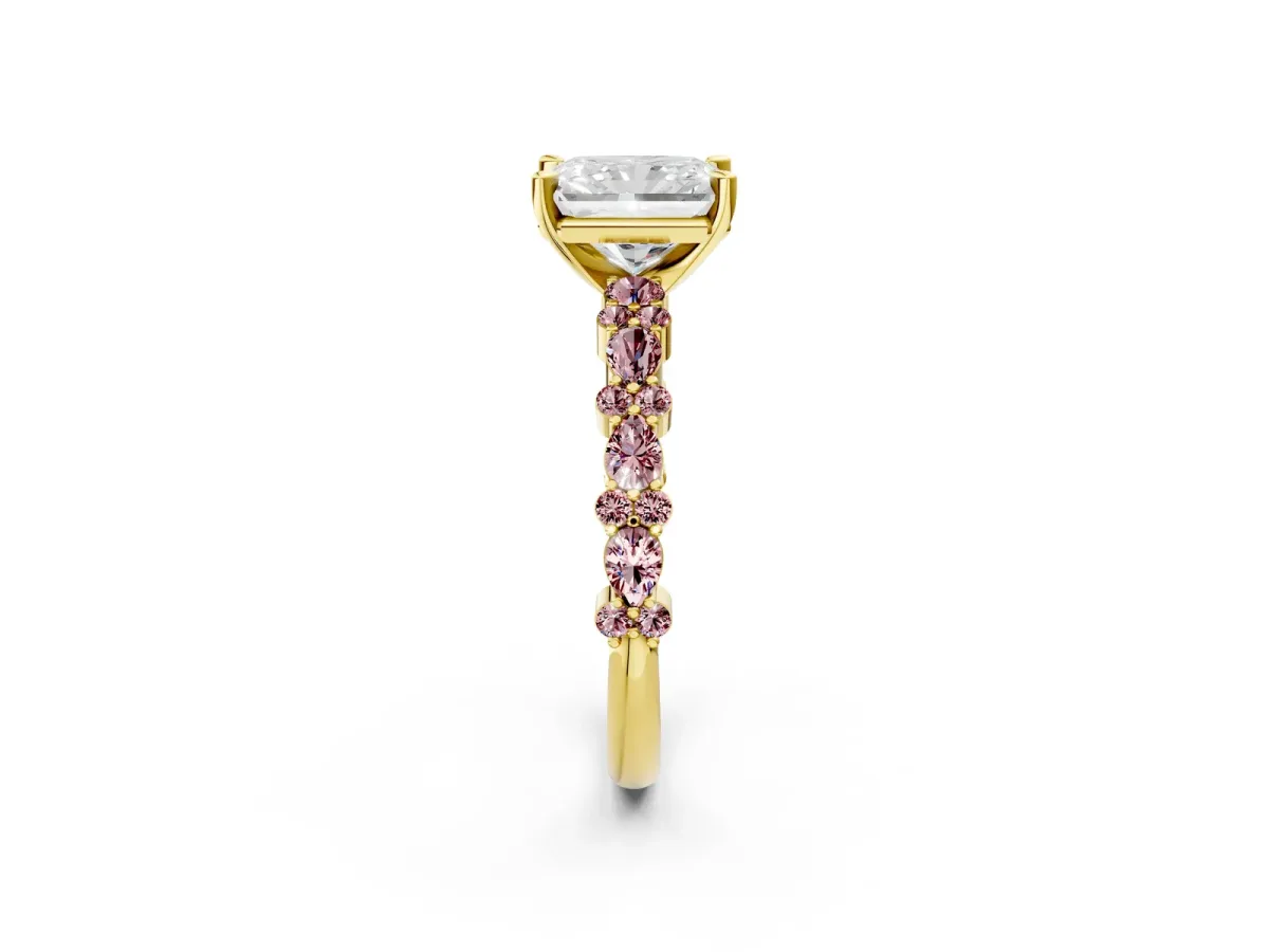 Radiant Cut Diamond Side Stone Solitaire Ring with Round Morganite and Four-Prong Setting Yellow gold