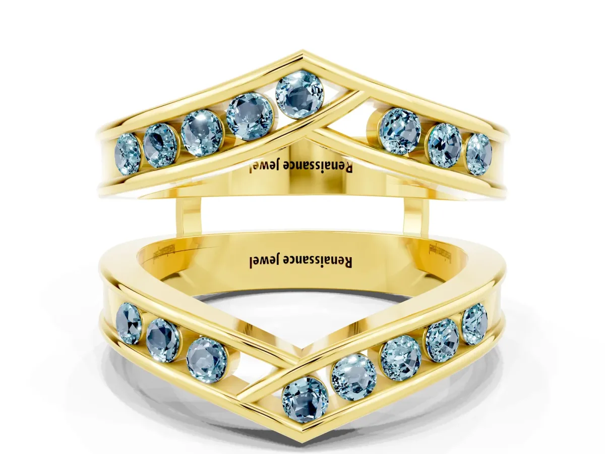 Round Aquamarine Channel-Set Chevron Band Yellow gold
