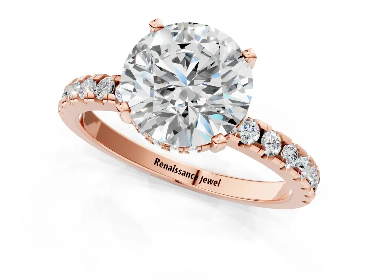 Round Cut Diamond Solitaire Ring with Round Moissanite Pavé Band and Four-Prong Setting Rose gold