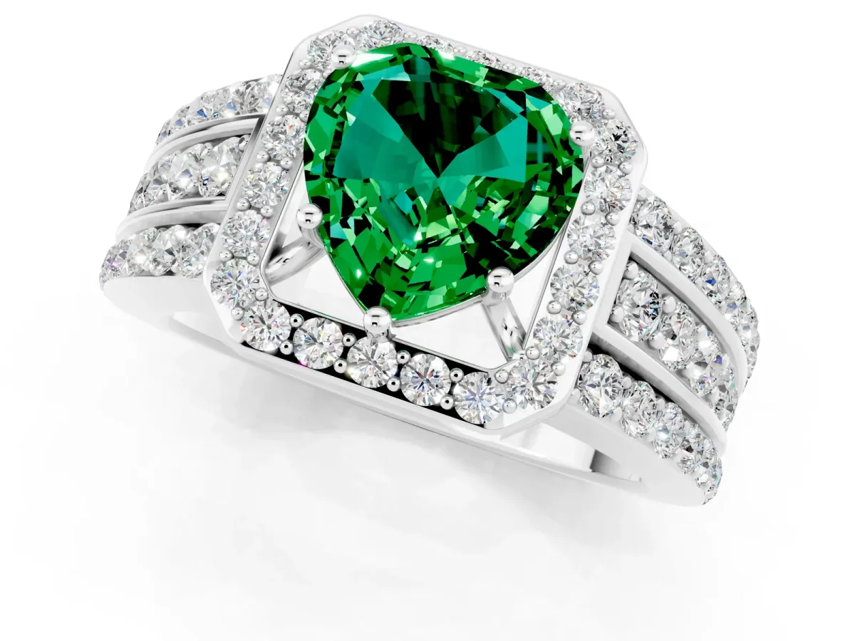Heart Cut Halo Emerald Ring with Round Split Shank and Prong Setting Silver