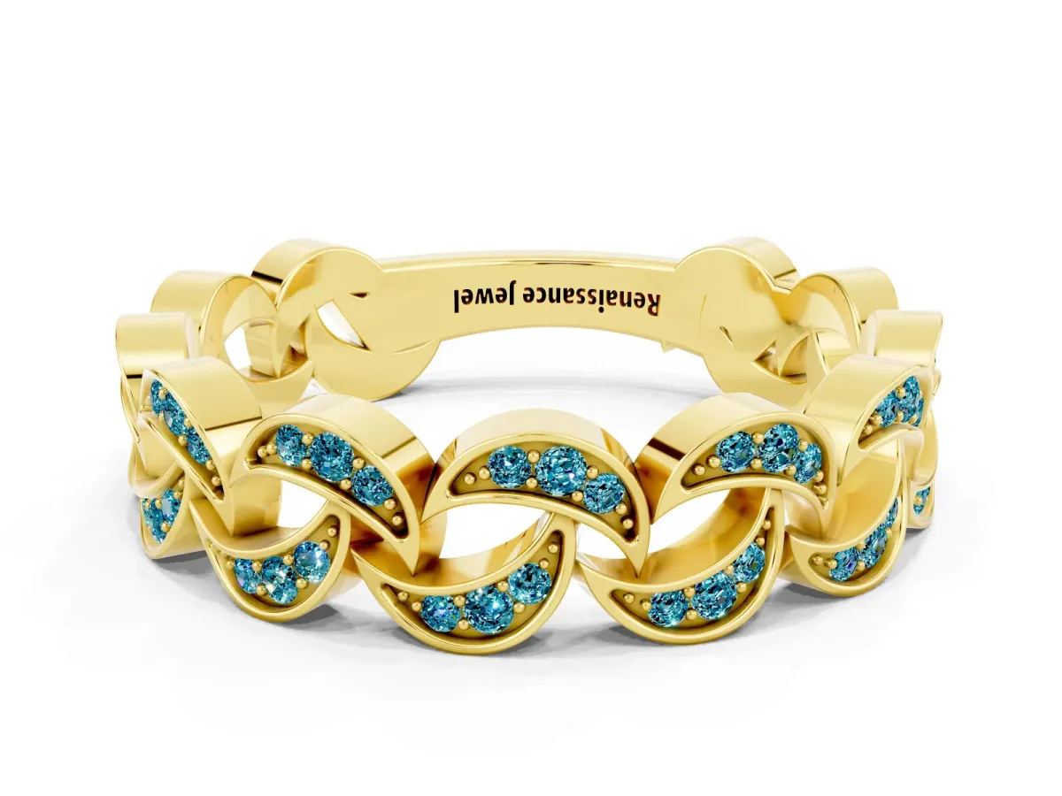 Pavé Round Blue Topaz Interlocking Eternity Band with Bezel Prong Setting Yellow gold