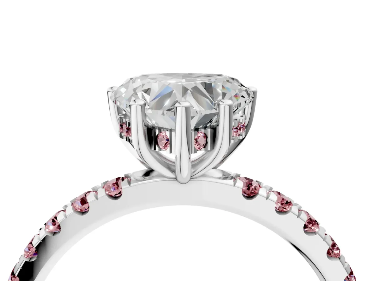 Heart Cut Diamond Pave Band Solitaire Ring with Round Morganite and Prong Setting Platinum