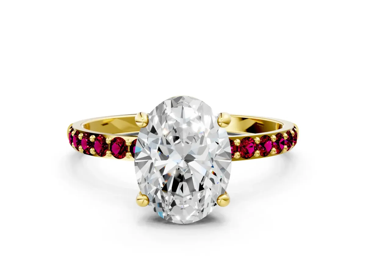Oval Cut Diamond Solitaire Ring with Round Garnet Pavé Band and Prong Setting Yellow gold