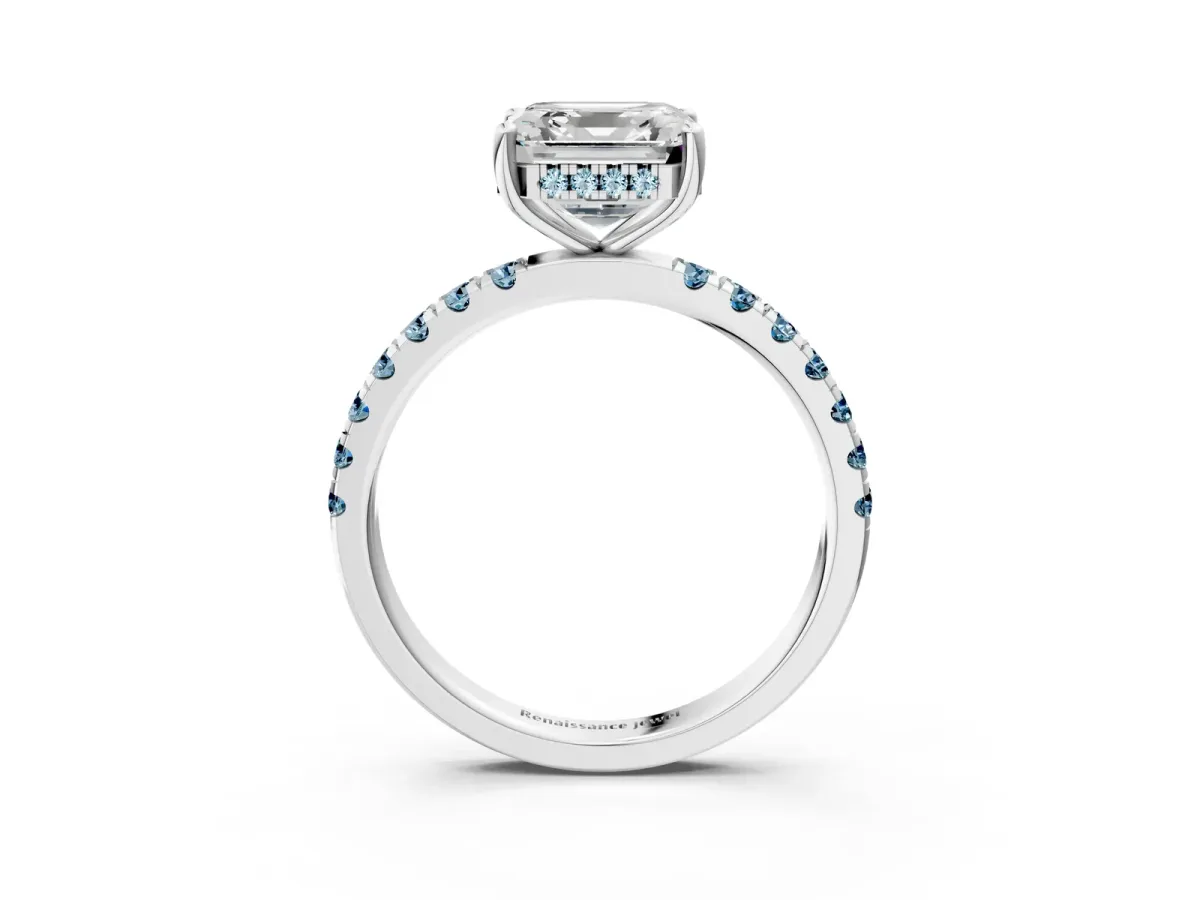 Asscher Cut Diamond Pave Band Solitaire Ring with Round Aquamarine and Prong Setting Platinum