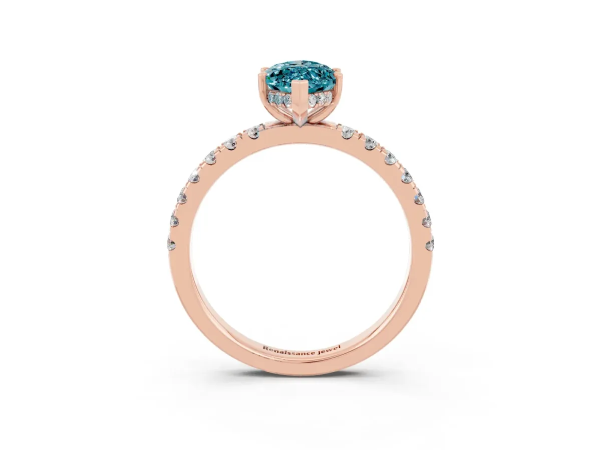Marquise Cut Blue Topaz Pave Band Solitaire Ring with Round and Prong Setting Rose gold
