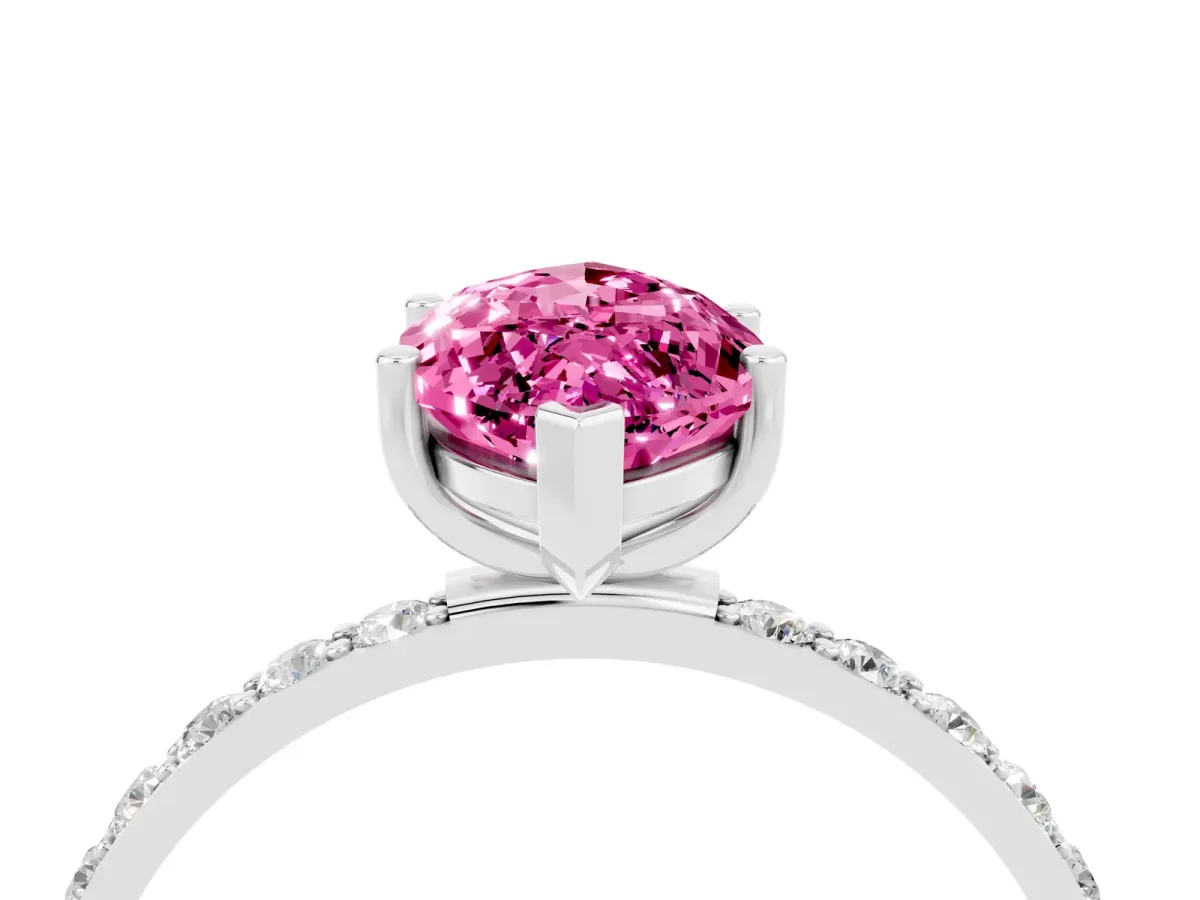 Marquise Cut Pink Sapphire Solitaire Ring with Round Pavé Band and Prong Setting Platinum