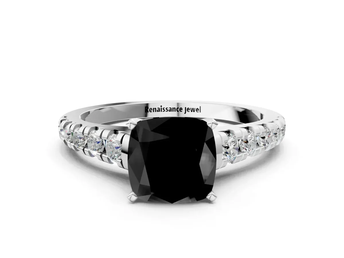 Fancy Black Cushion Cut Diamond Cathedral Solitaire Ring with Round Pavé Band Platinum