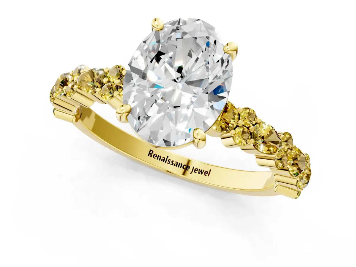 Oval Cut Diamond Side Stone Solitaire Ring with Round Yellow Sapphire and Four-Prong Setting Yellow gold