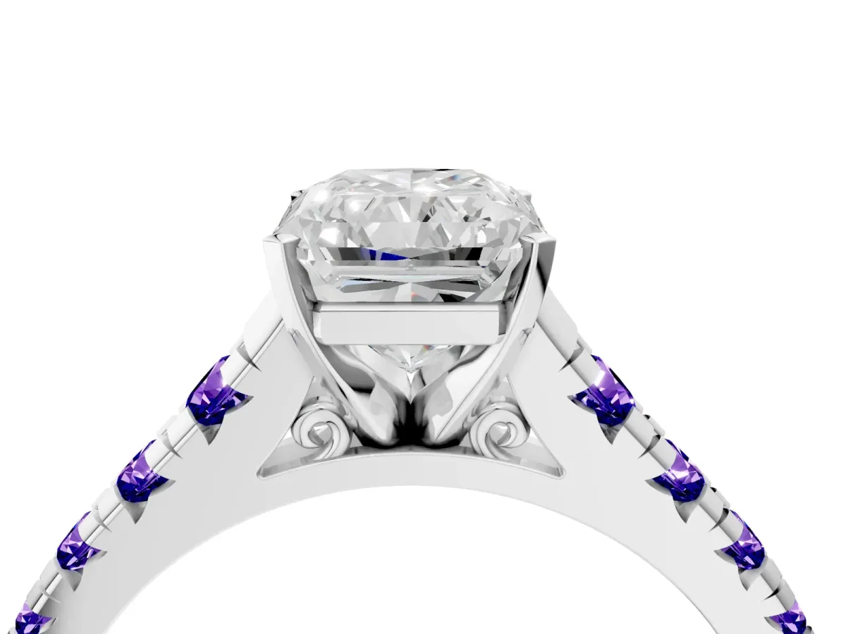 Radiant Cut Diamond Cathedral Solitaire Ring with Round Tanzanite Pavé Band Silver