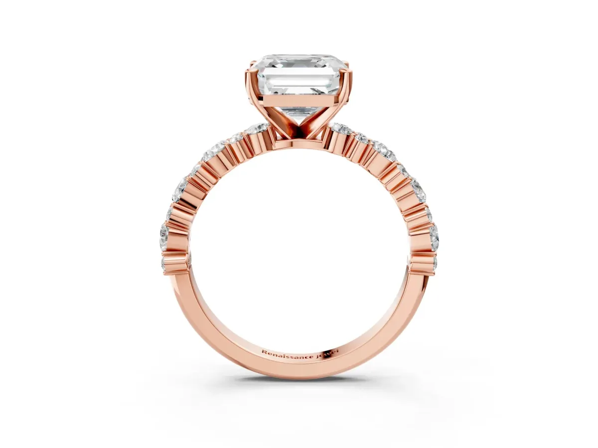 Asscher Cut Diamond Side Stone Solitaire Ring with Round Moissanite and Four-Prong Setting Rose gold