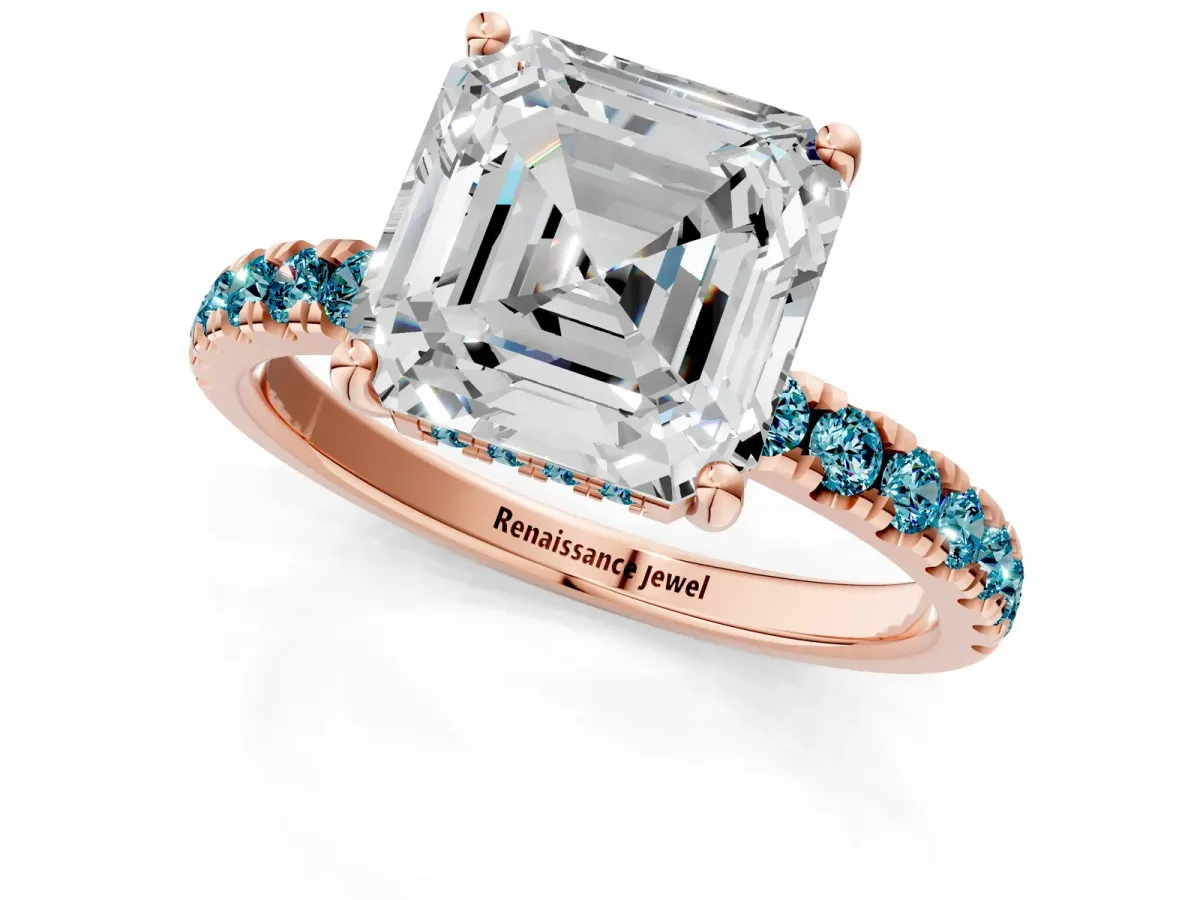 Asscher Cut Diamond Pave Band Solitaire Ring with Round Blue Topaz and Prong Setting Rose gold