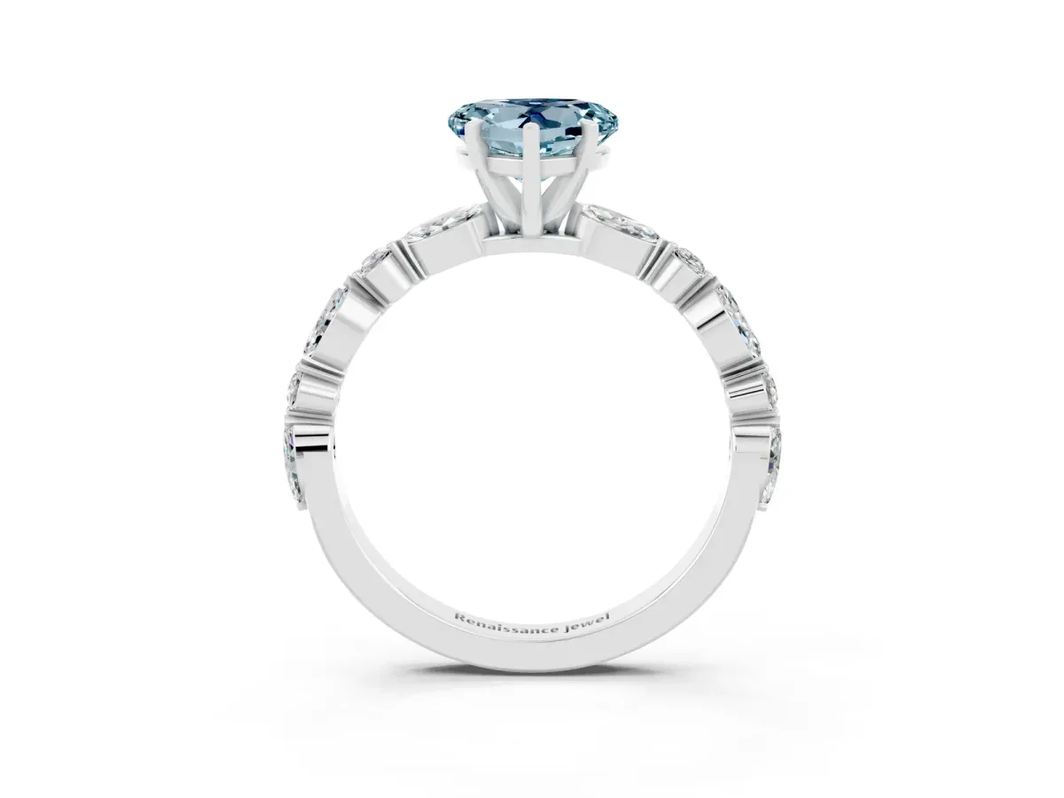 Heart Cut Aquamarine Ring with Marquise and Round Side Stones and Four-Prong Setting Platinum