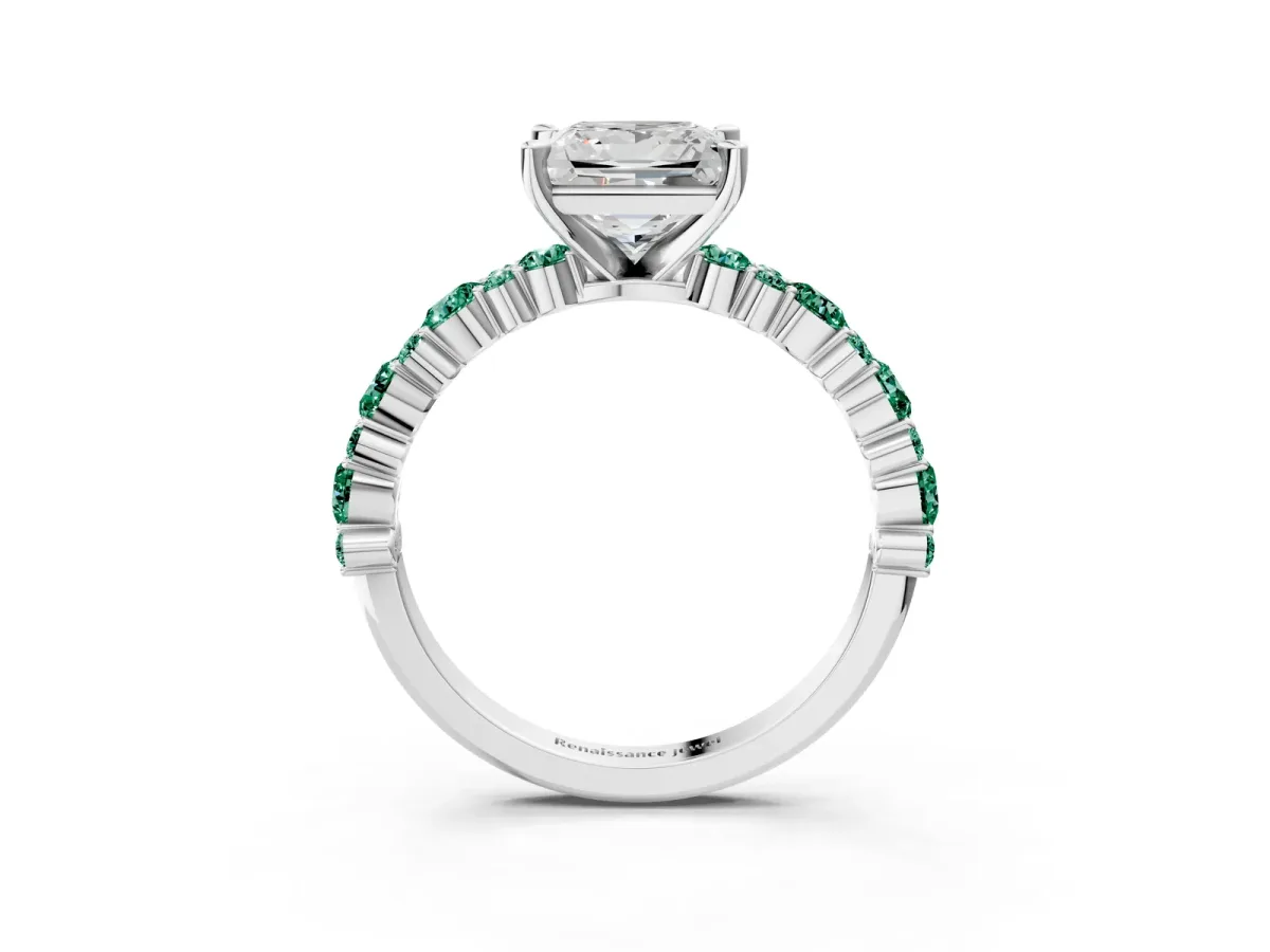 Princess Cut Diamond Side Stone Solitaire Ring with Round Green Sapphire and Four-Prong Setting Platinum
