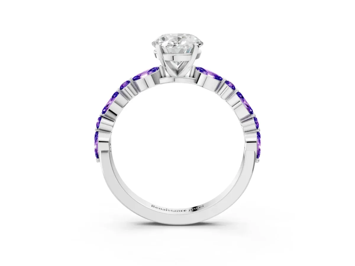 Oval Cut Diamond Ring with Marquise and Round Tanzanite Side Stones and Four-Prong Setting Silver