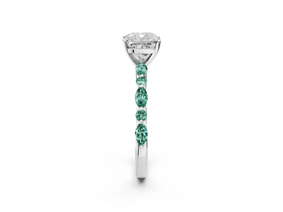 Cushion Cut Diamond Ring with Marquise and Round Green Sapphire Side Stones and Four-Prong Setting Silver