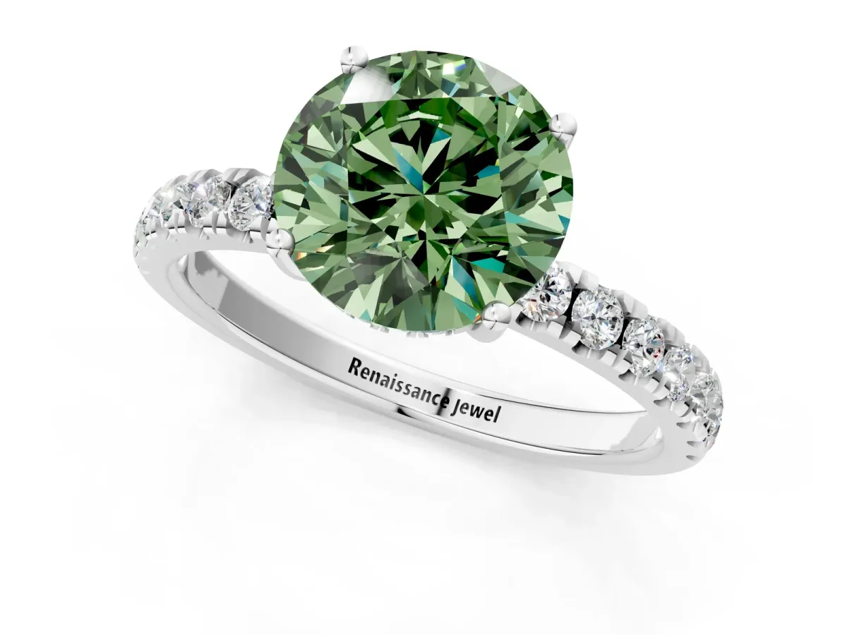 Fancy Green Round Cut Diamond Pave Band Solitaire Ring with Round and Prong Setting Platinum