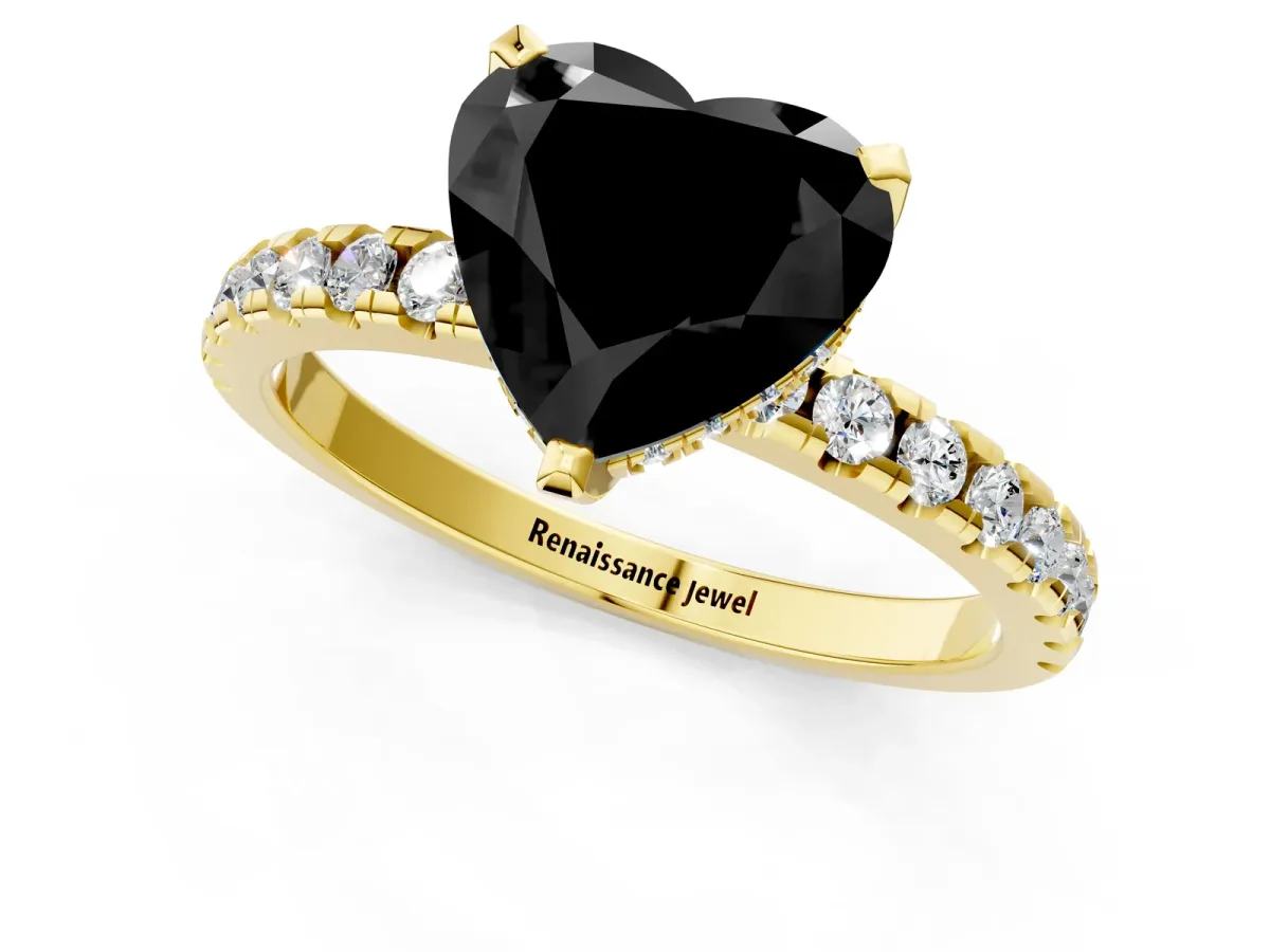 Fancy Black Heart Cut Diamond Solitaire Ring with Round Pavé Band and Four-Prong Setting Yellow gold