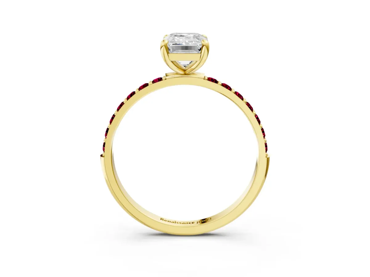 Emerald Cut Diamond Solitaire Ring with Round Garnet Pavé Band and Prong Setting Yellow gold
