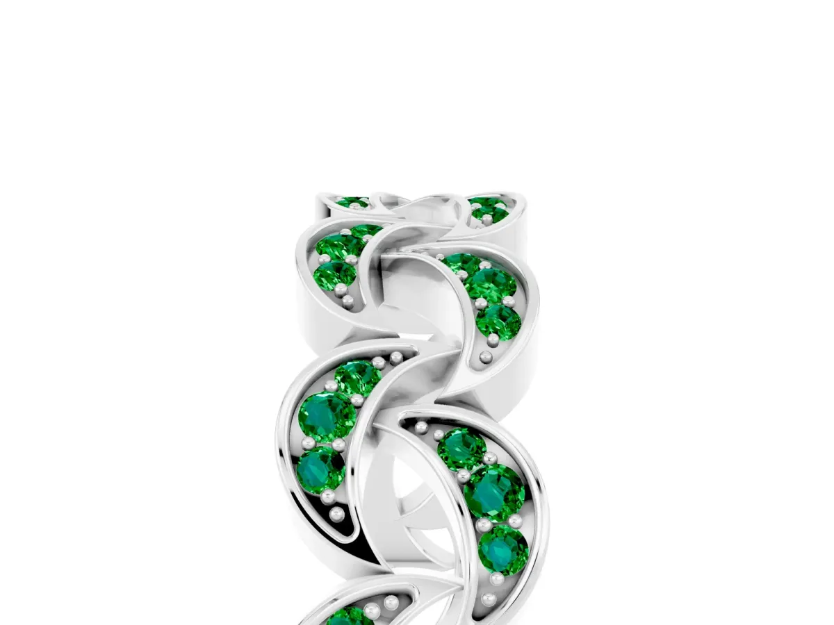 Pavé Round Emerald Interlocking Eternity Band with Bezel Prong Setting Silver