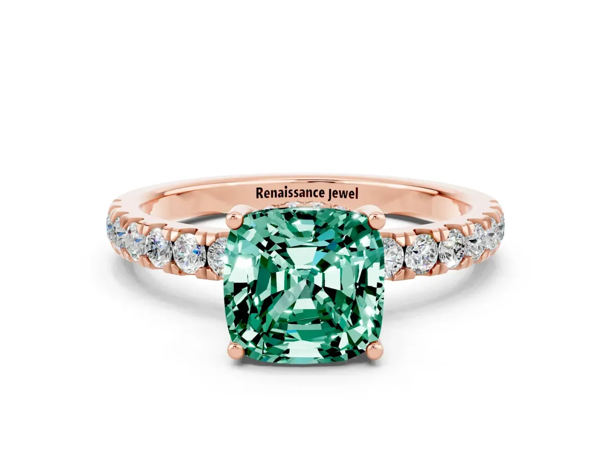 Cushion Cut Green Sapphire Pave Band Solitaire Ring with Round and Prong Setting Rose gold