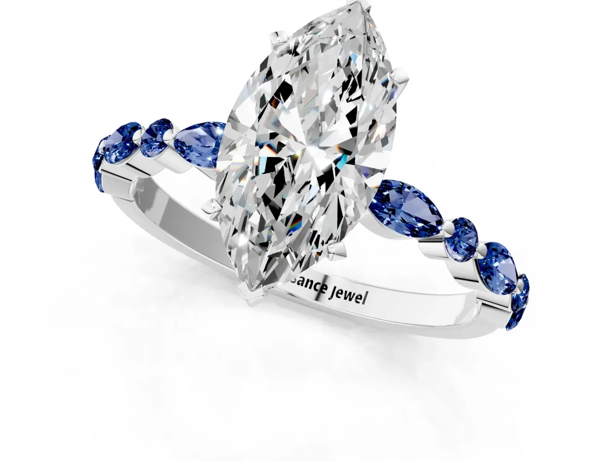 Marquise Cut Diamond Ring with Marquise and Round Blue Sapphire Side Stones and Four-Prong Setting Silver