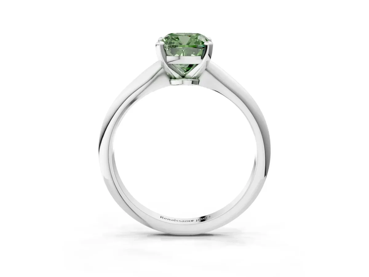 Fancy Green Cushion Cut Diamond Solitaire Engagement Ring with Classic Band and Four-Prong Setting Silver