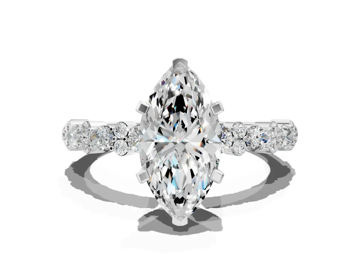 Marquise Cut Diamond Side Stone Solitaire Ring with Round and Four-Prong Setting Platinum