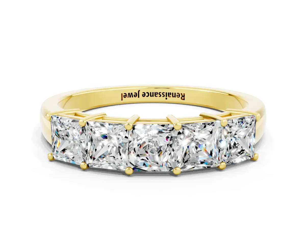 Princess Cut Five-Stone Moissanite Band with Prong Setting Yellow gold