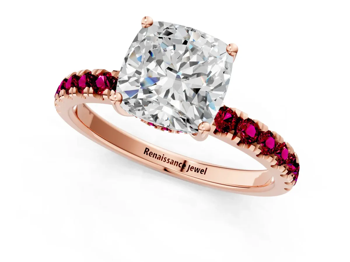 Cushion Cut Diamond Pave Band Solitaire Ring with Round Garnet and Prong Setting Rose gold