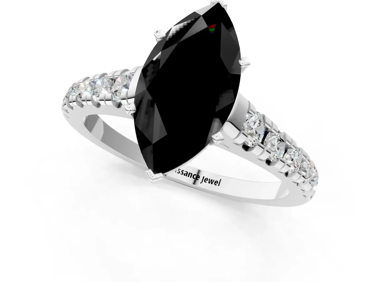 Fancy Black Marquise Cut Diamond Cathedral Solitaire Ring with Round Pavé Band Silver