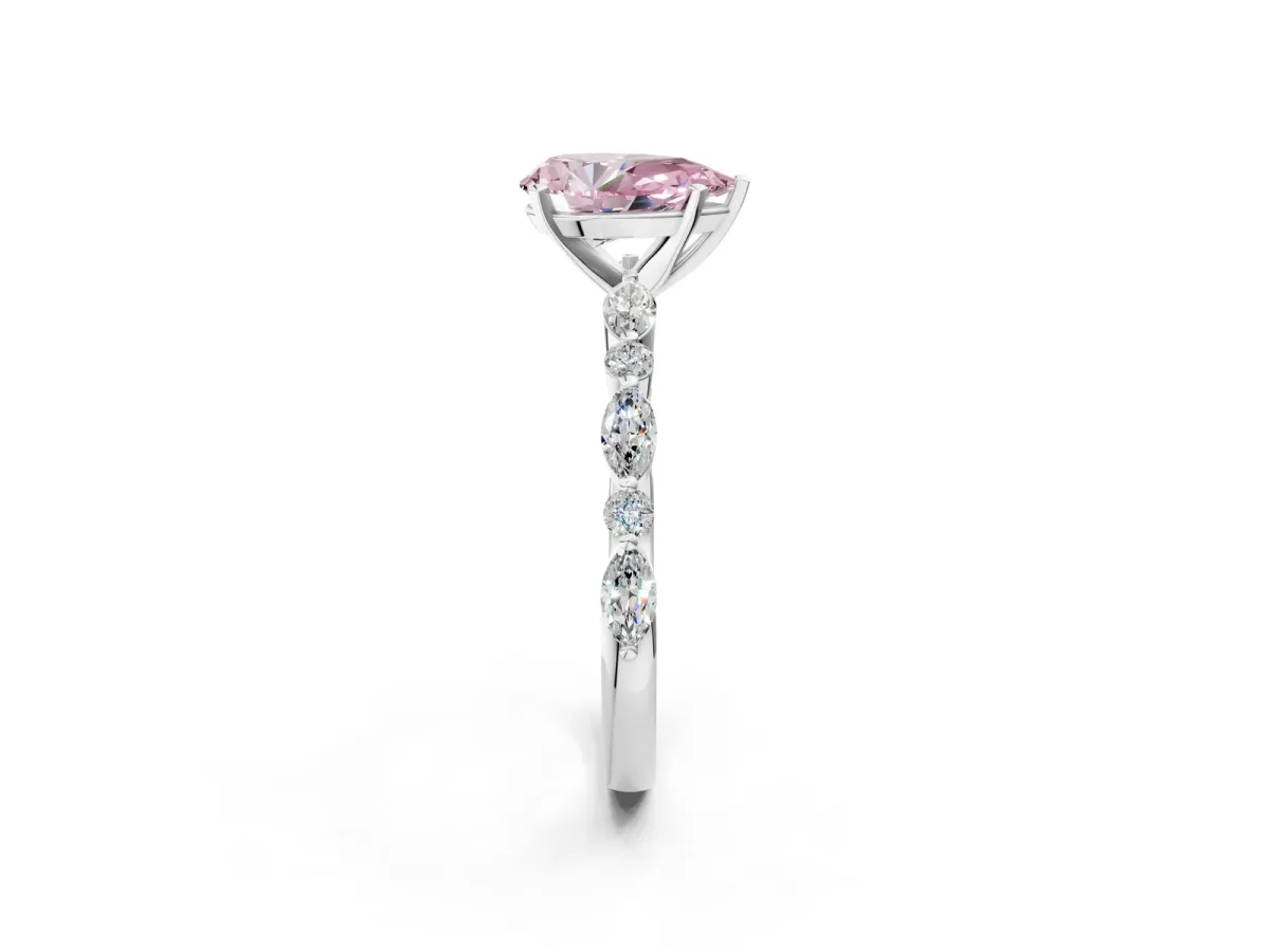 Fancy Pink Pear Cut Diamond Ring with Marquise and Round Side Stones and Four-Prong Setting Platinum