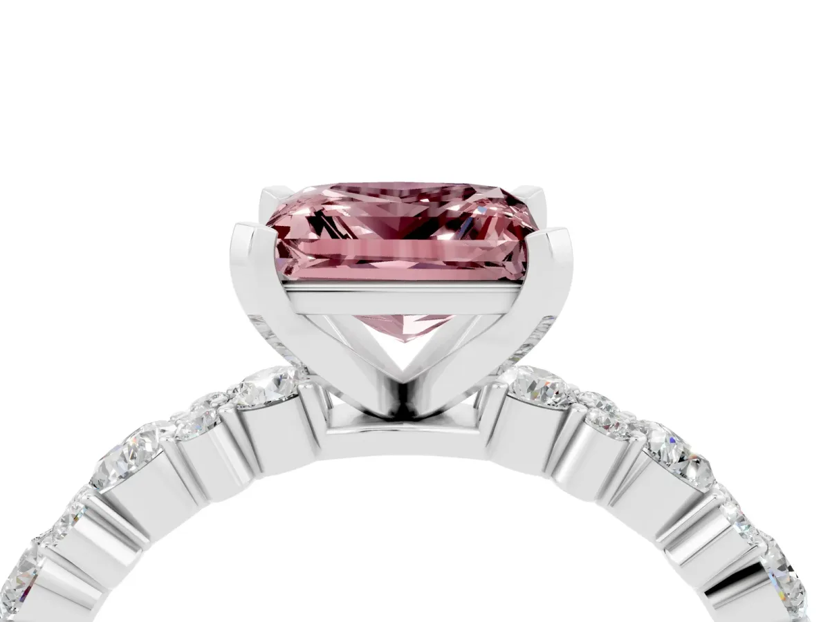 Princess Cut Morganite Side Stone Solitaire Ring with Round and Four-Prong Setting Silver