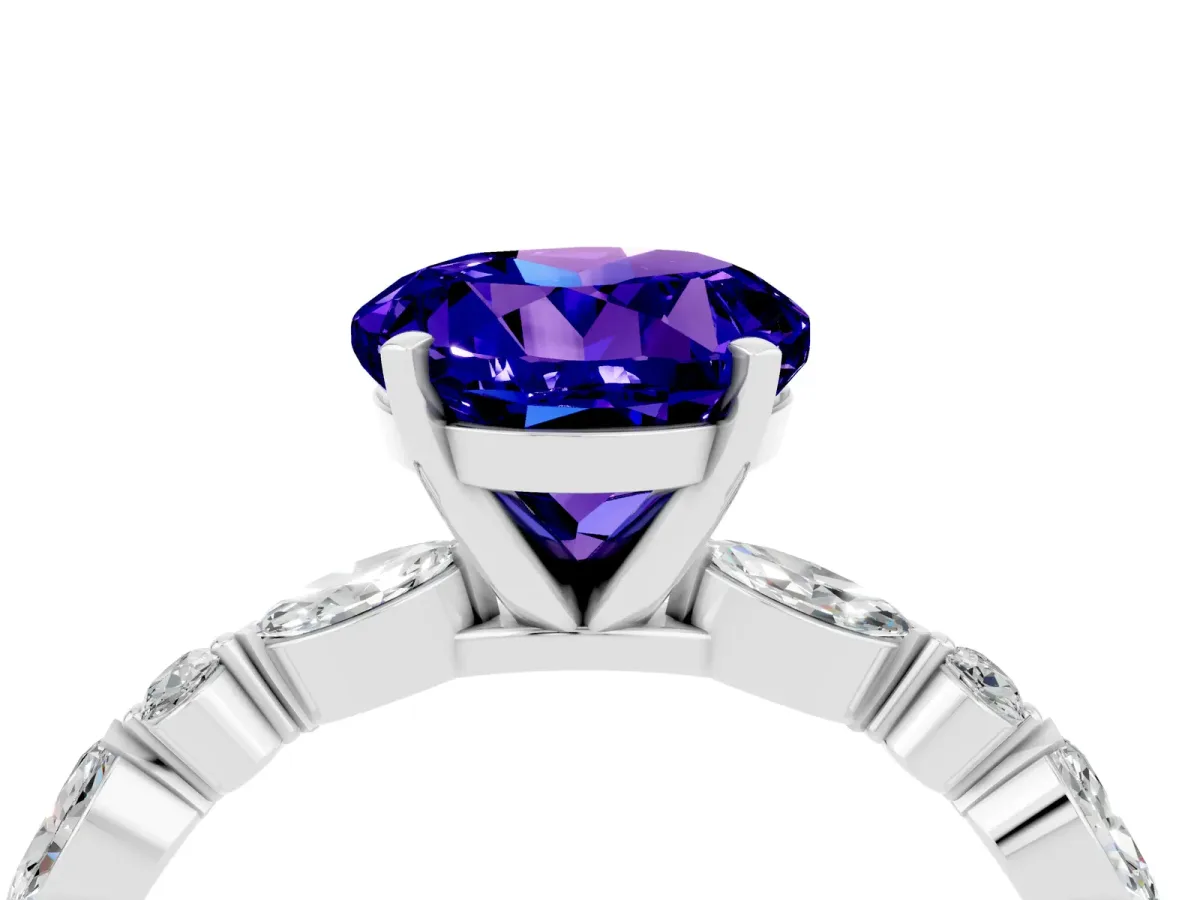 Round Cut Tanzanite Ring with Marquise and Round Side Stones and Four-Prong Setting Platinum
