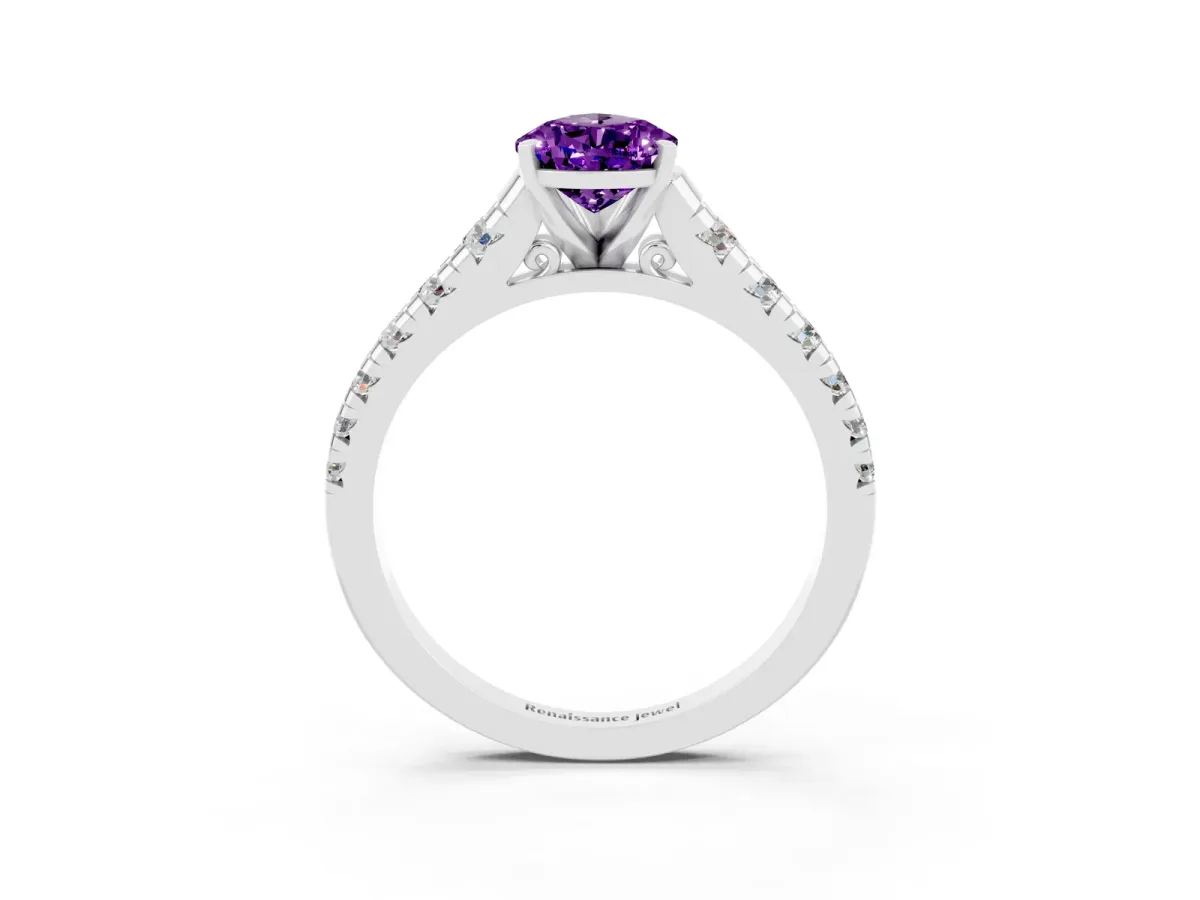 Pear Cut Amethyst Cathedral Solitaire Ring with Round Pavé Band White gold