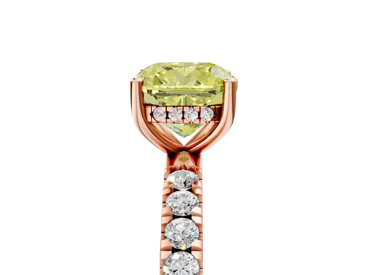 Fancy Yellow Cushion Cut Diamond Pave Band Solitaire Ring with Round and Prong Setting Rose gold
