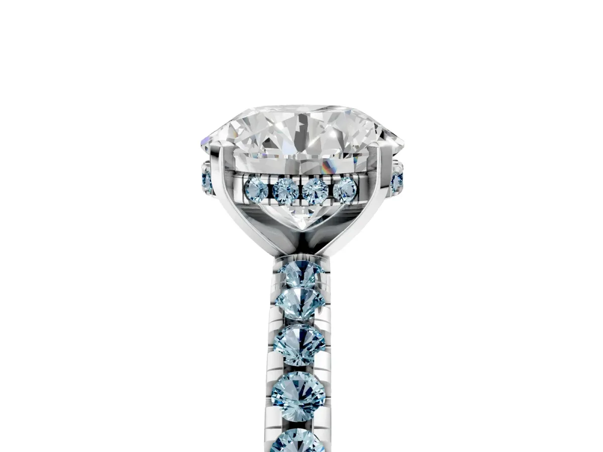 Round Cut Diamond Solitaire Ring with Round Aquamarine Pavé Band and Four-Prong Setting Silver