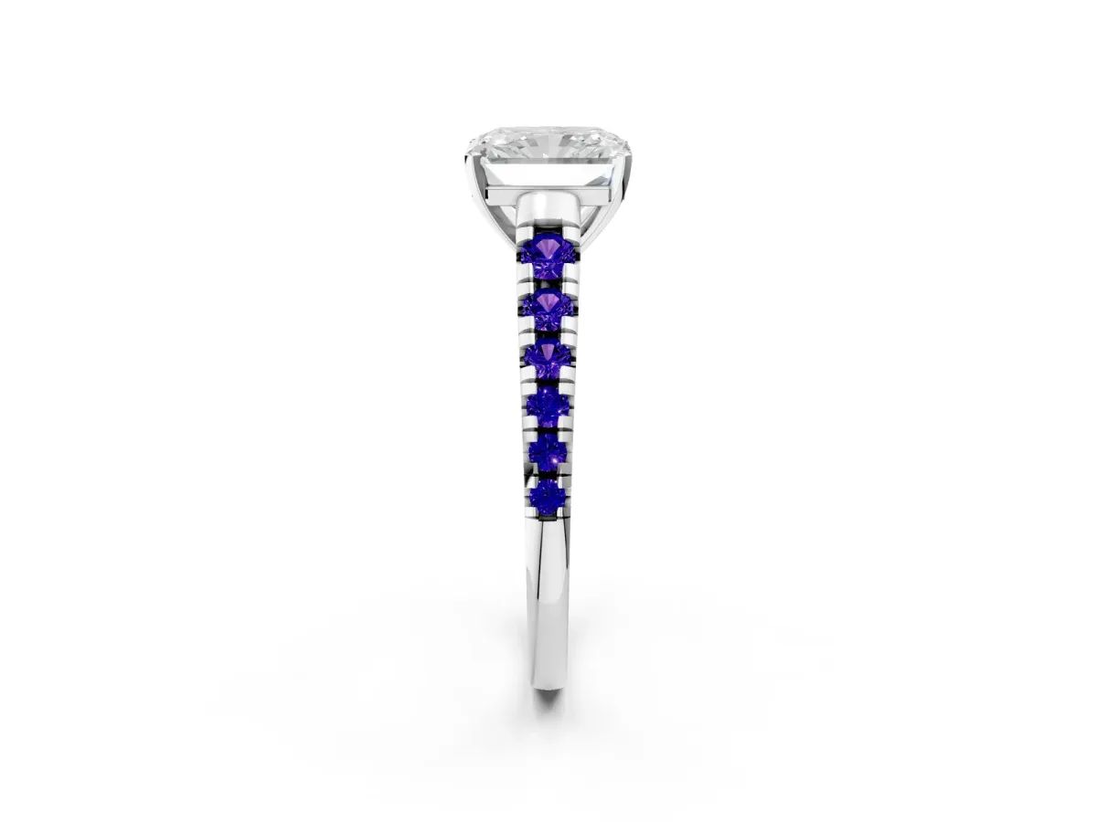 Radiant Cut Diamond Cathedral Solitaire Ring with Round Tanzanite Pavé Band Silver