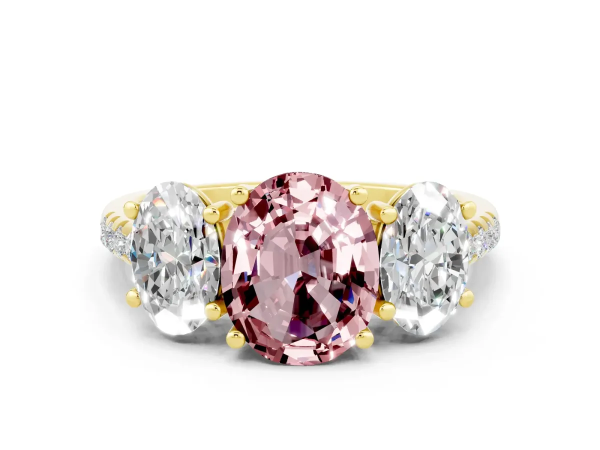 Three-Stone Oval Cut Morganite Ring with Round Pavé Band and Prong Setting Yellow gold