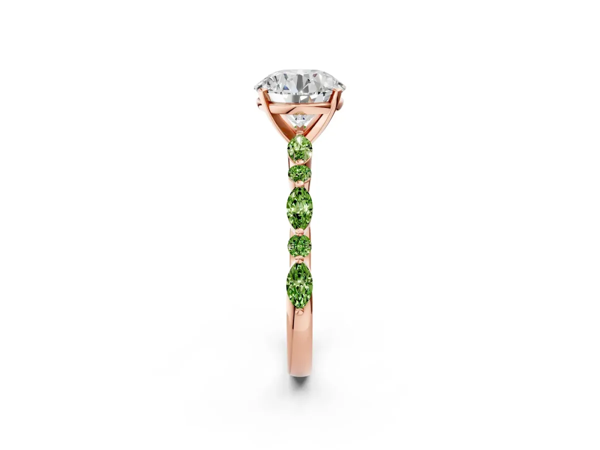 Round Cut Diamond Ring with Marquise and Round Peridot Side Stones and Four-Prong Setting Rose gold