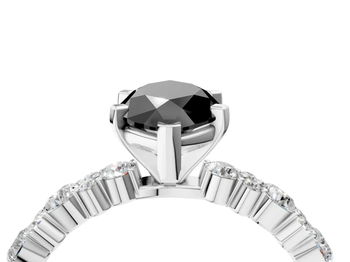 Fancy Black Marquise Cut Diamond Side Stone Solitaire Ring with Round and Four-Prong Setting White gold
