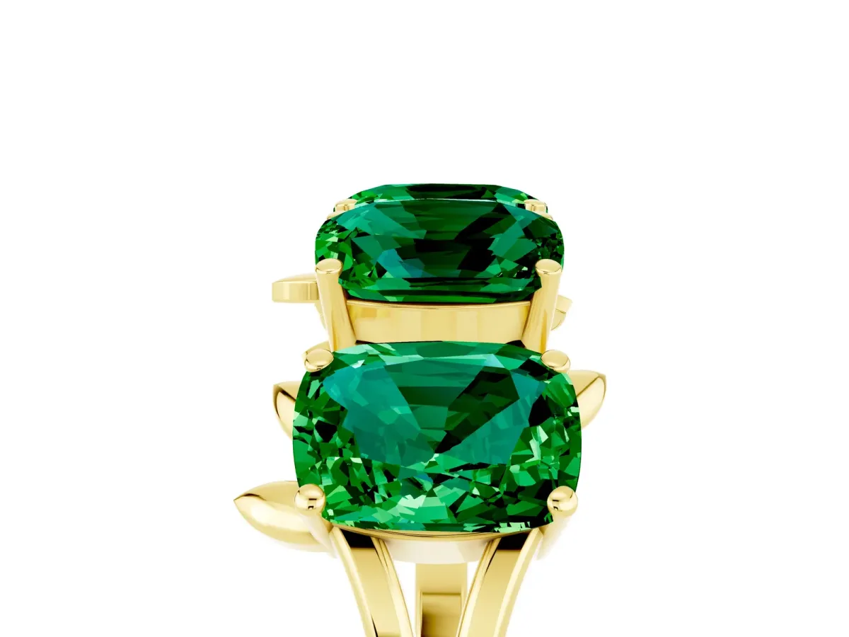 Four-Stone Elongated Cushion Emerald Band with Nature-Inspired Prong Setting Yellow gold