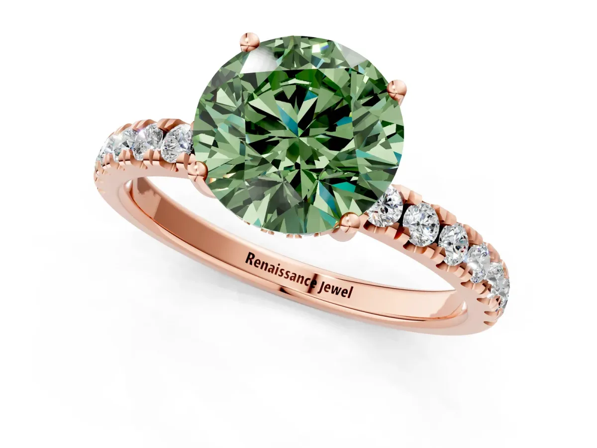 Fancy Green Round Cut Diamond Pave Band Solitaire Ring with Round and Prong Setting Rose gold